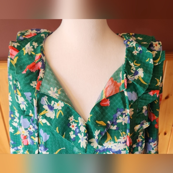 Loft Bouquet Floral Ruffle Tie Neck Top Blouse Green Size Small - Picture 7 of 11